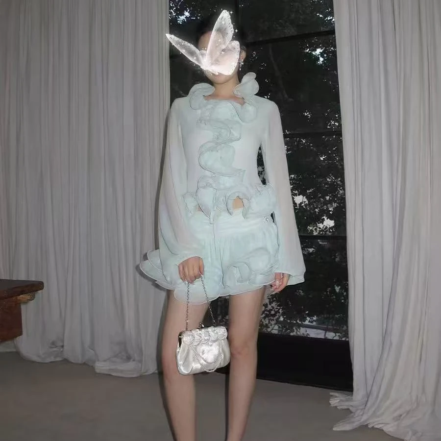 立体荷叶边花朵修身开衫短裙2025春新款小众绝美套装