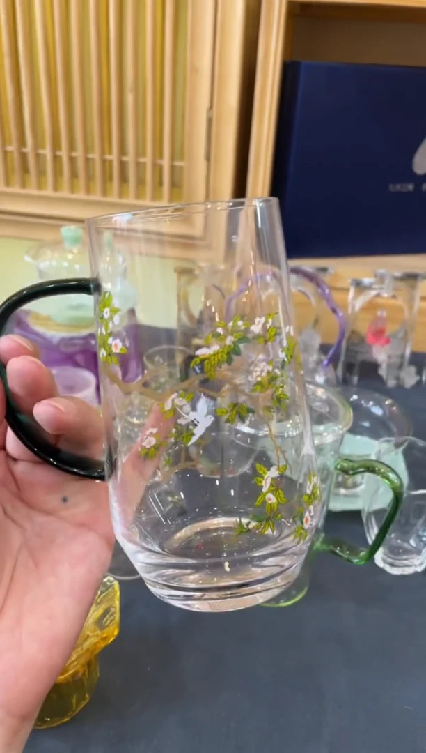 玻璃手工艺品九河梨花白燕绿把绿茶杯