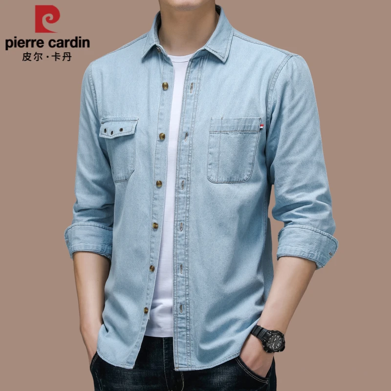 【国际大牌皮尔卡丹】高档男士纯棉牛仔衬衫春秋季全棉休闲牛仔上衣