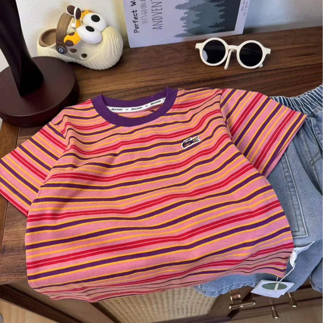 【JMJQ 25266】夏季中小童韩版亲肤色织条纹立体绣标短袖体恤