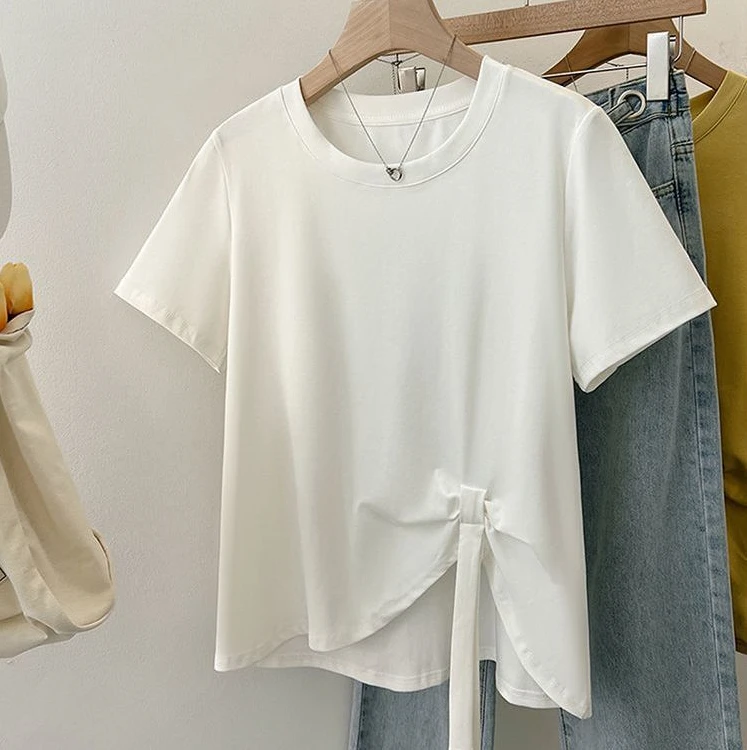 棉不对称系带短袖t恤女夏季微胖大码设计感不规则内搭打底上衣ins