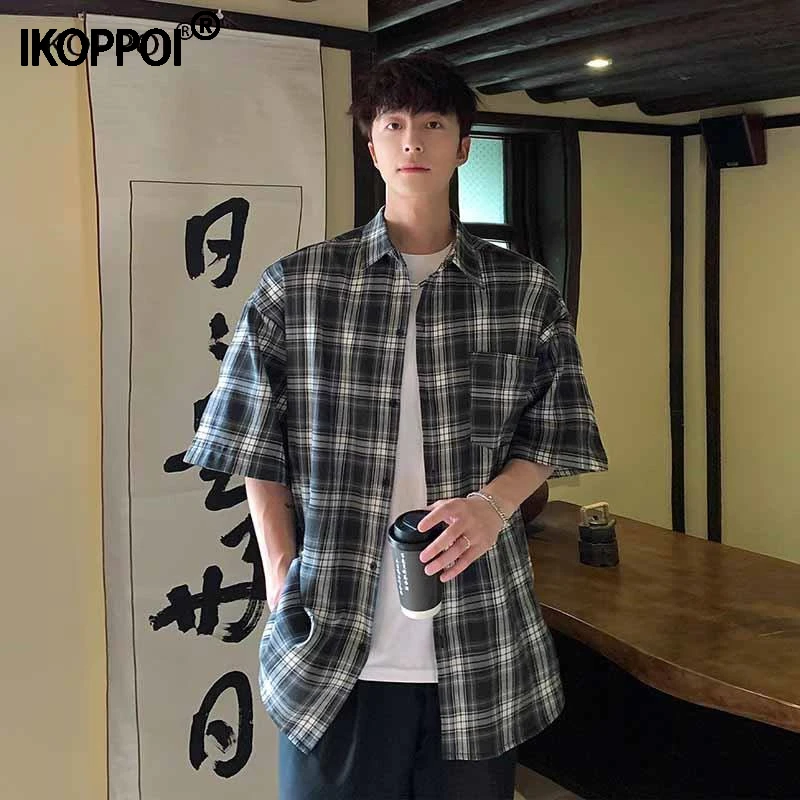 轻奢格子短袖衬衫男士2024新款夏季上衣薄款冰丝宽松大码休闲衬衣