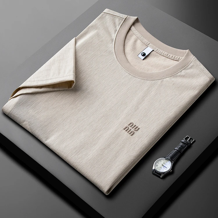 巴韦那奇时尚感杏色圆领短袖t恤男士新款夏季薄款休闲凉感半袖衫