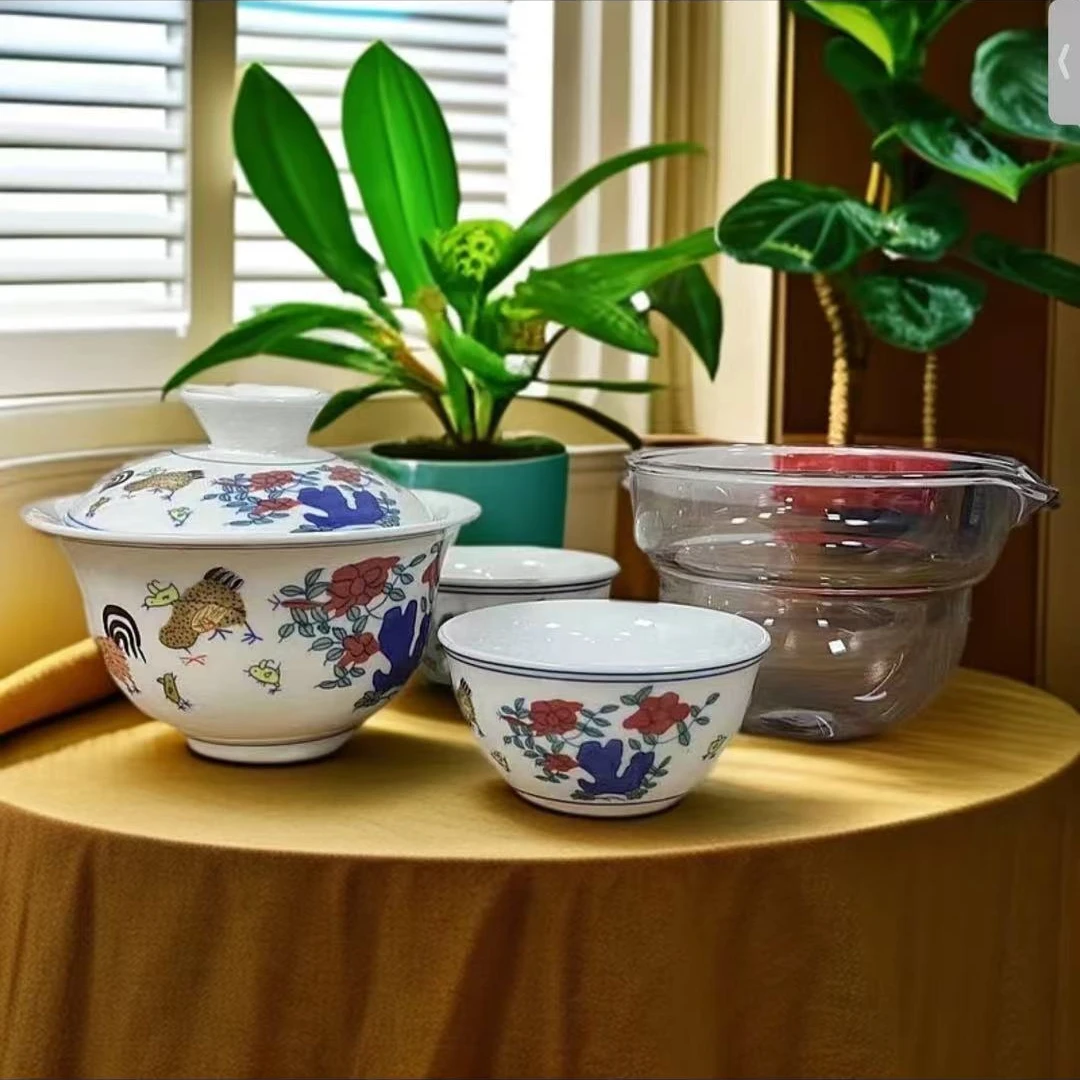 【沉鱼】鸡缸斗彩盖碗二杯旅行户外车载茶具套装复古陶瓷-B0356