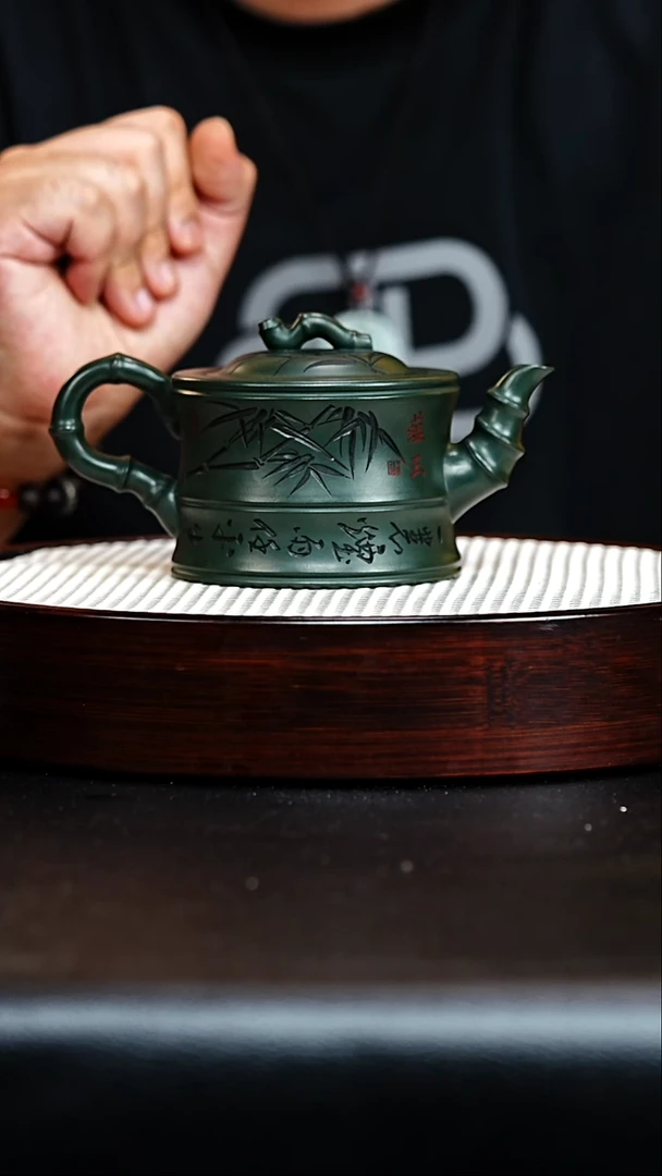 茶壶紫砂宜兴紫砂 绿泥 竹段壶 谭青