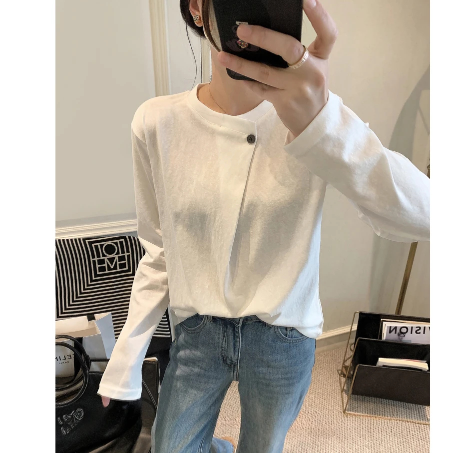 长袖打底衫女2025新款春季女装韩版时尚圆领设计感褶皱t恤上衣女