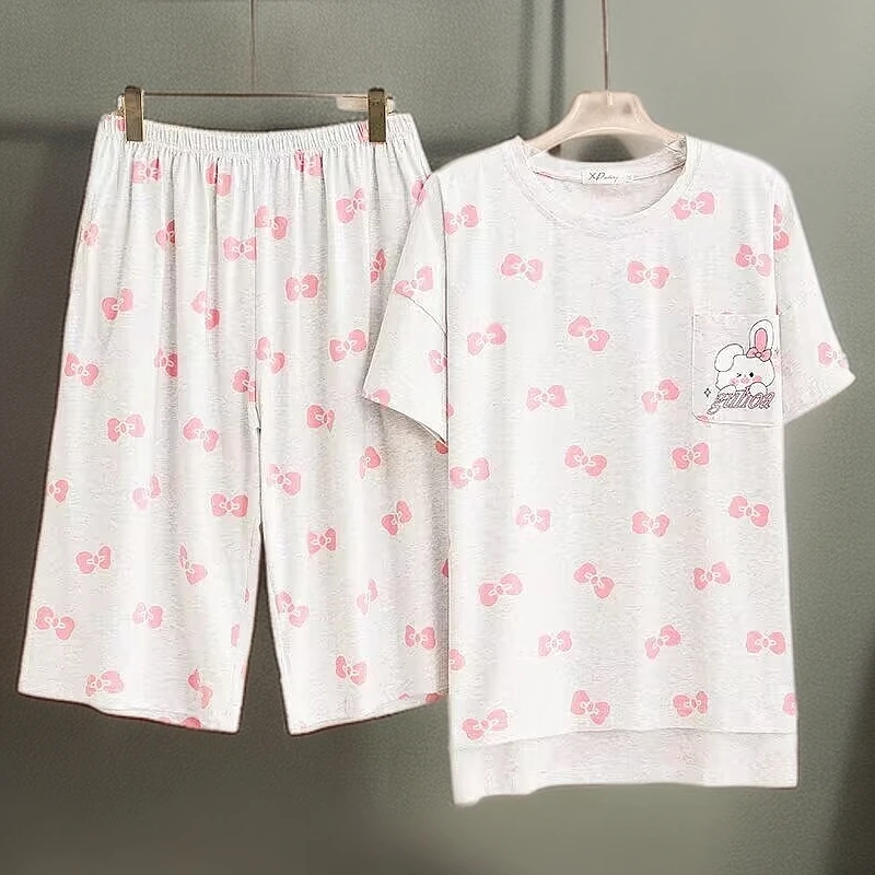 小胖【针织棉】微胖款睡衣女夏季七分裤大码薄款休闲纯棉卡通家居服