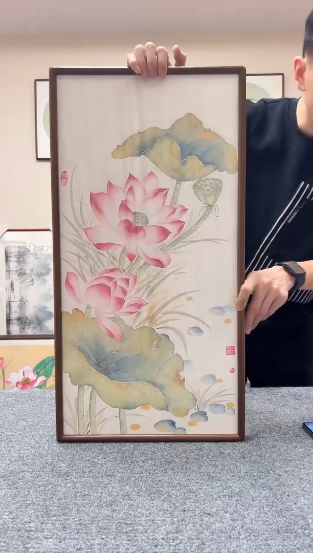 【闪购商品】书法四尺四开69x36cm工笔荷花胡桃木