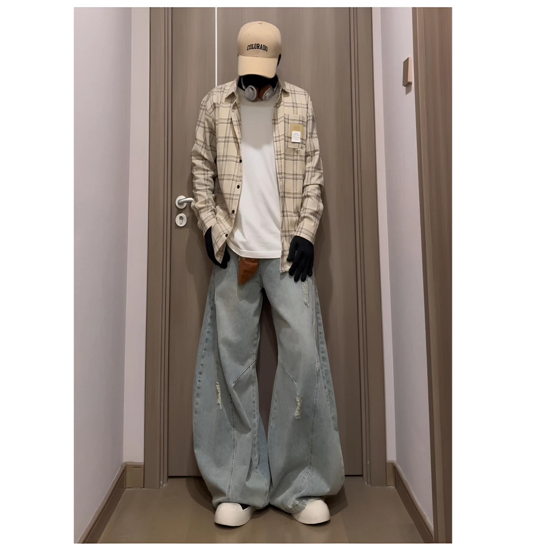 简约春秋季新款长袖格子衬衫男女款潮牌复古潮流宽松休闲衬衣外套