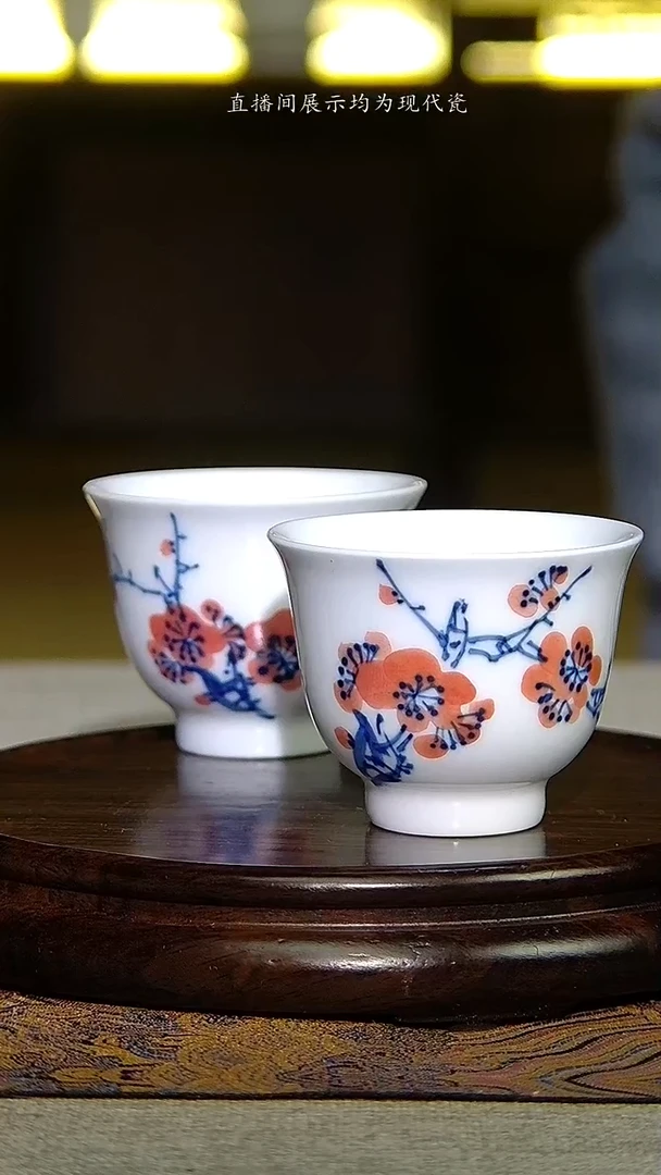 景德镇全手工手绘青花加彩香雪对杯