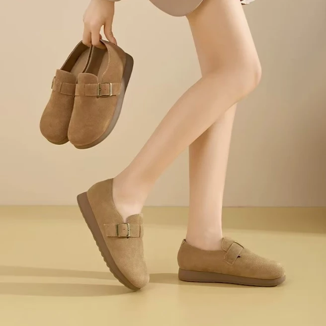 博肯鞋春季新款舒适懒人鞋一脚蹬乐福鞋蒙古绒休闲复古平底圆头