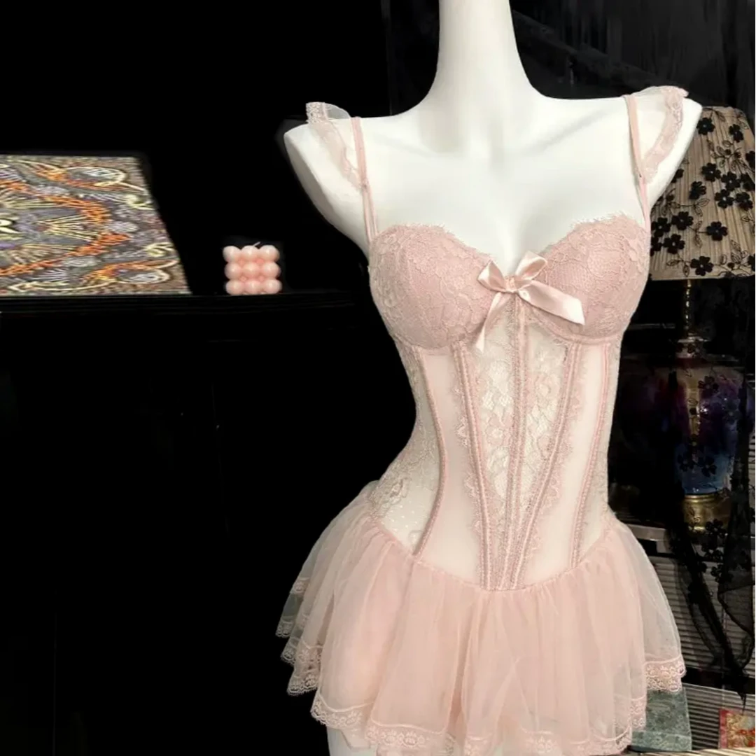 鱼骨睡裙法式纯欲风白色女式吊带性感蕾丝塑身蕾丝透气趣味qqny