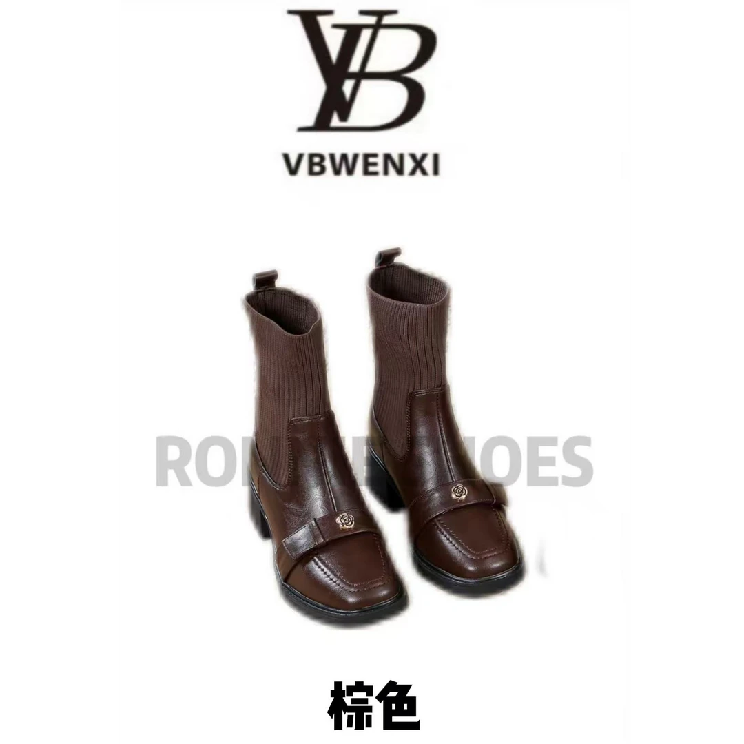 法式粗跟复古港风女套筒胶粘短靴复古时尚袜靴