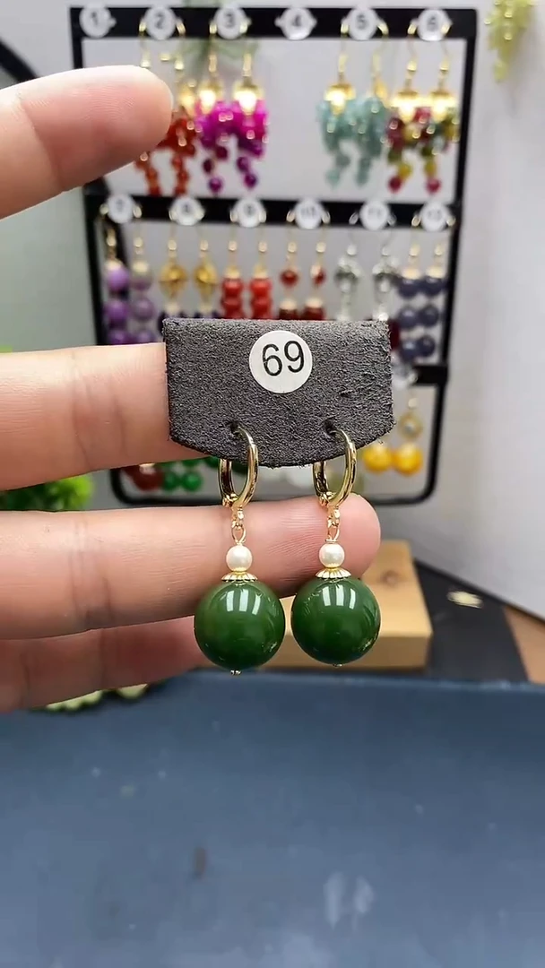 和田玉银S925镀金镶嵌耳饰尺寸14mm耳扣04