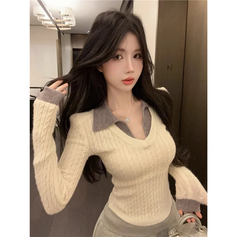 学院风假两件Polo领针织衫女秋冬纯欲v领上衣打底衫内搭麻花毛衣