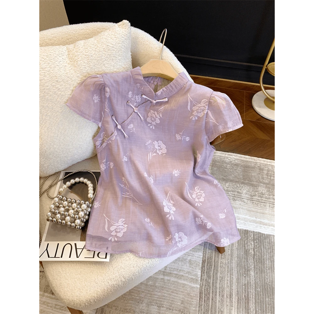 夏季新中式国风提花泡泡袖衬衫女禅意盘扣旗袍领小衫斜襟薄纱上衣