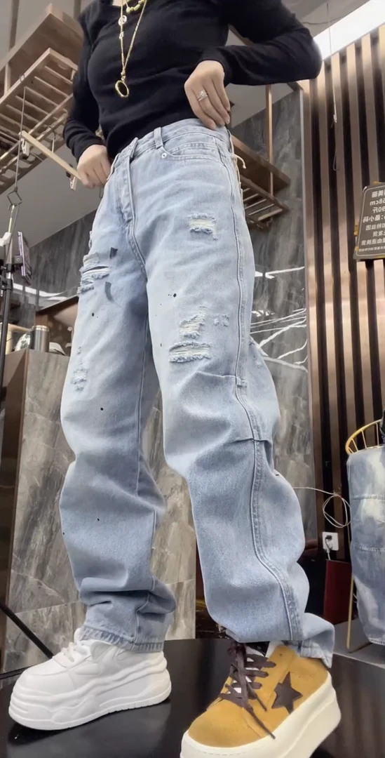 秋冬新款胖mm大码弯刀加绒加厚直筒拖地裤显瘦阔腿牛仔裤女