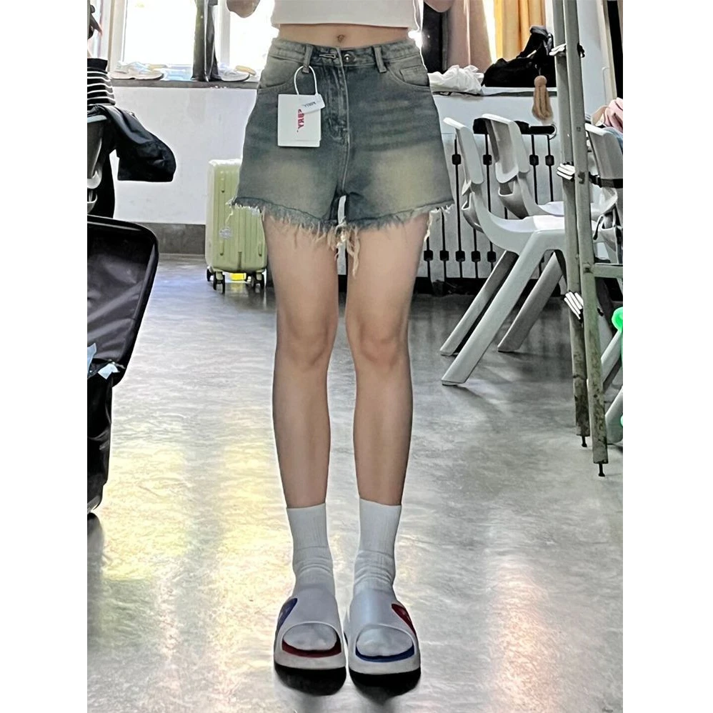 小个子做旧复古阔腿牛仔短裤女夏季新款高腰宽松显瘦毛边a字热裤