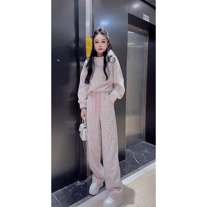 时尚套装女2025冬季新款欧货高端花色加绒加厚连帽卫衣卫裤两件套