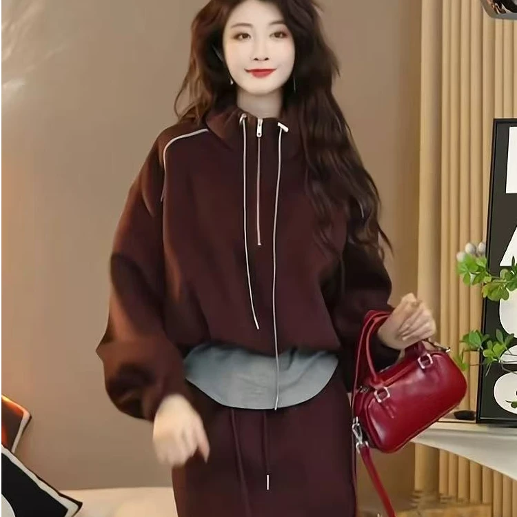 T288   韩系休闲套装两件半身裙立领拉链卫衣新款两件套时尚