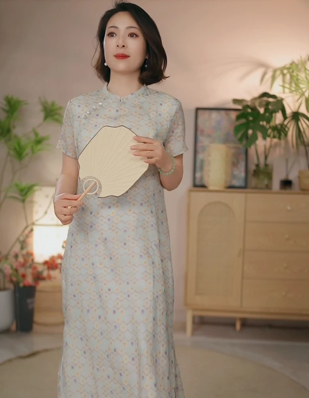 麻天下【花中漫步】民族复古文艺原创新中式斜襟春夏季苎麻改良旗袍