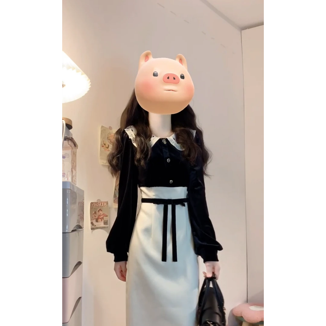 2025春秋新款气质时尚法式小众黑色假两件娃娃领丝绒长袖连衣裙女