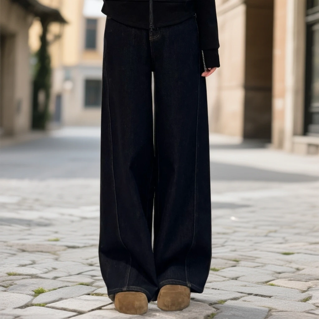 宿慕SUMU豹纹腰头拼接牛仔裤2025新款秋冬加绒牛仔裤长裤子35079