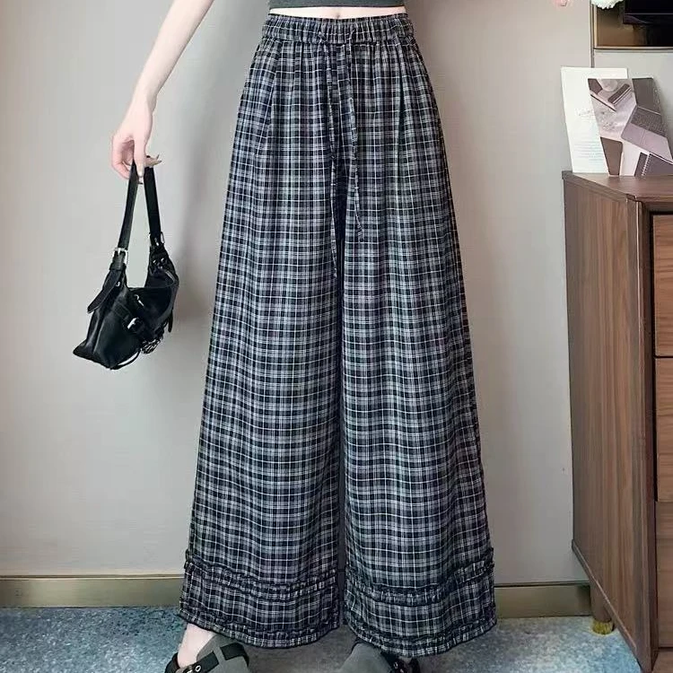 复古格子阔腿裤女秋季新款小个子高腰宽松木耳边九分直筒裤休闲裤