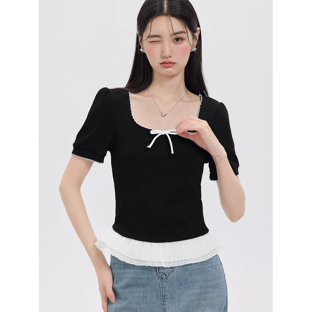 爱蔷薇大码显瘦正肩u型领针织短袖t恤女夏荷叶边黑色上衣GT77262