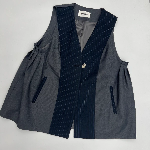 【红红家】春季新款欧货时尚小众设计感拼接韩版西装一粒扣马夹上衣