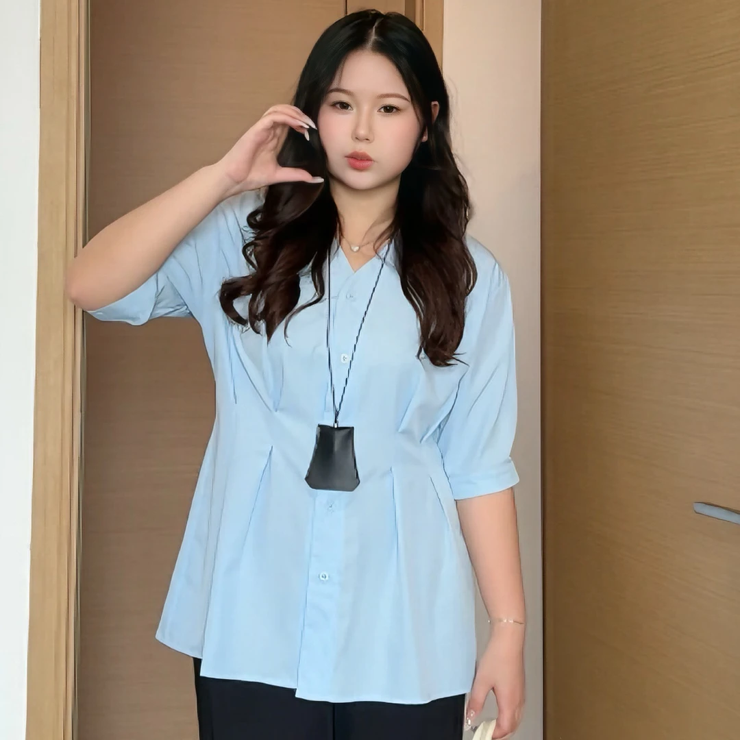 胖妹妹褶皱衬衫短袖拼接夏季新款夏季翻驳领大码宽松型V领中长款