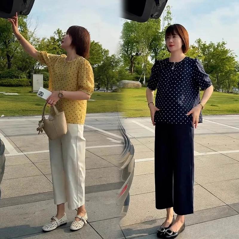女装夏季凉快套装气质休闲显瘦波点衬衫短袖宽松百搭直筒裤两件套