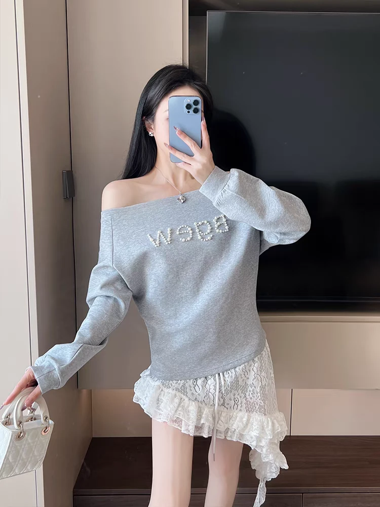 韩系2025春季新款个性辣妹珍珠字母卫衣+蕾丝斜边短裙套装女