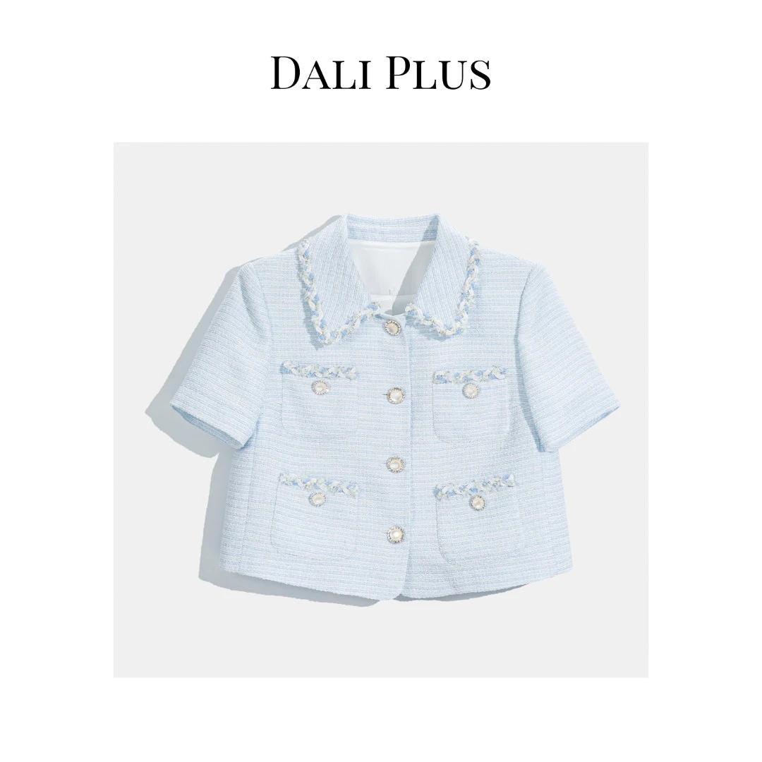 DALI PLUS蓝莓优格 夏季翻领麻花织边baby蓝小香风短袖外套-G6116