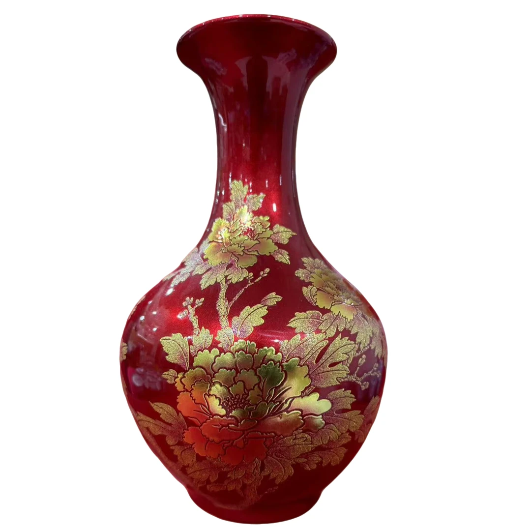 中国红金牡丹赏瓶1个