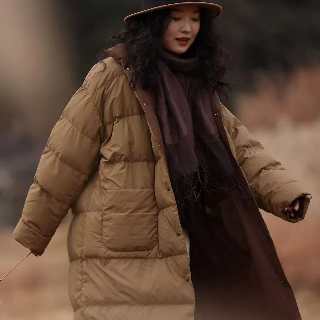 棉叙布衣分享古兰木原创立领宽松休闲中长羽绒服中长款