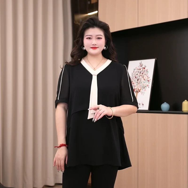 胖晶晶定制大码女装夏季新款时尚洋气显瘦遮肉百搭优雅上衣250601