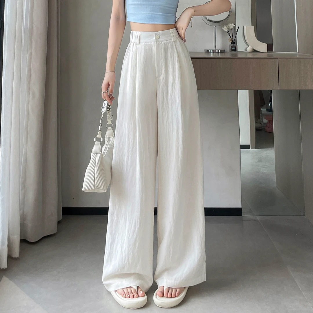 藏青色亚麻阔腿裤女夏季薄款高腰宽松显瘦冰丝垂感棉麻西装裤女士