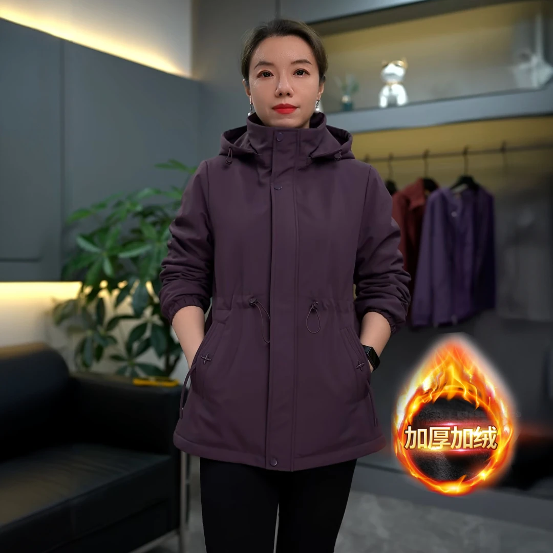 中老年女装厚款连帽宽松型中长款加绒加厚外套风衣派克服