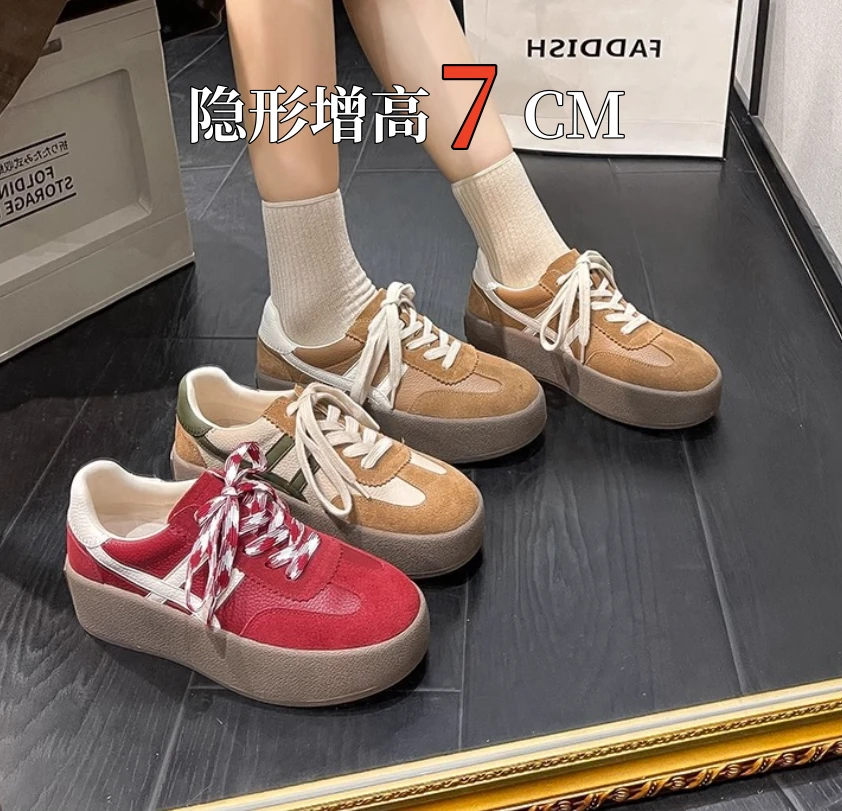 真皮德训鞋女款2025春秋新款厚底配裙子板鞋内增高红色休闲运动鞋