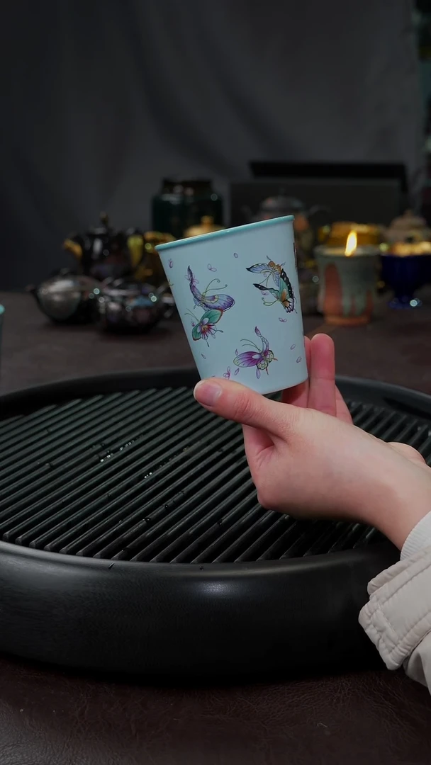 【闪购商品】杯【宜景窑天缥色手绘蝶舞】手绘可乐杯