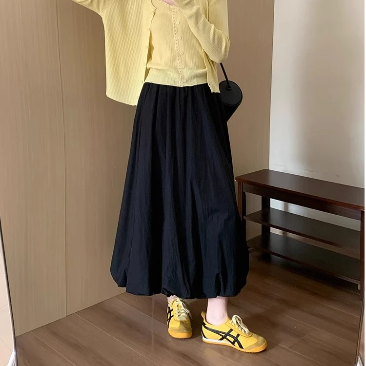 韩系松紧腰花苞半身裙女2025夏季新款小个子百搭显瘦a字中长半裙