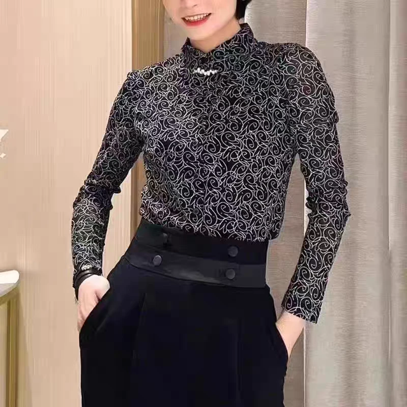 高端台湾纱上衣女新款春夏秋中年妈妈长袖减龄网纱衬衫洋气小衫