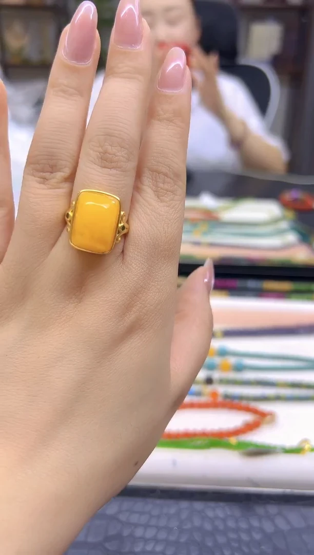 银S925镀金镶嵌蜜蜡戒指DIY款J97