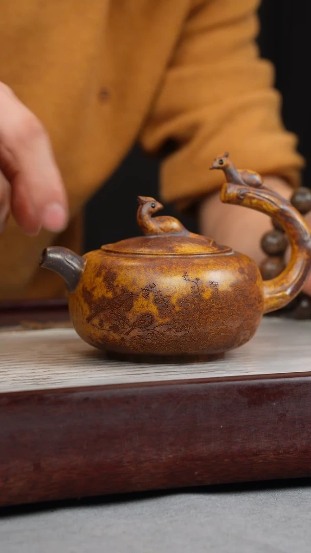 【闪购商品】紫砂茶壶龙骨金砂 双喜望月 刻绘