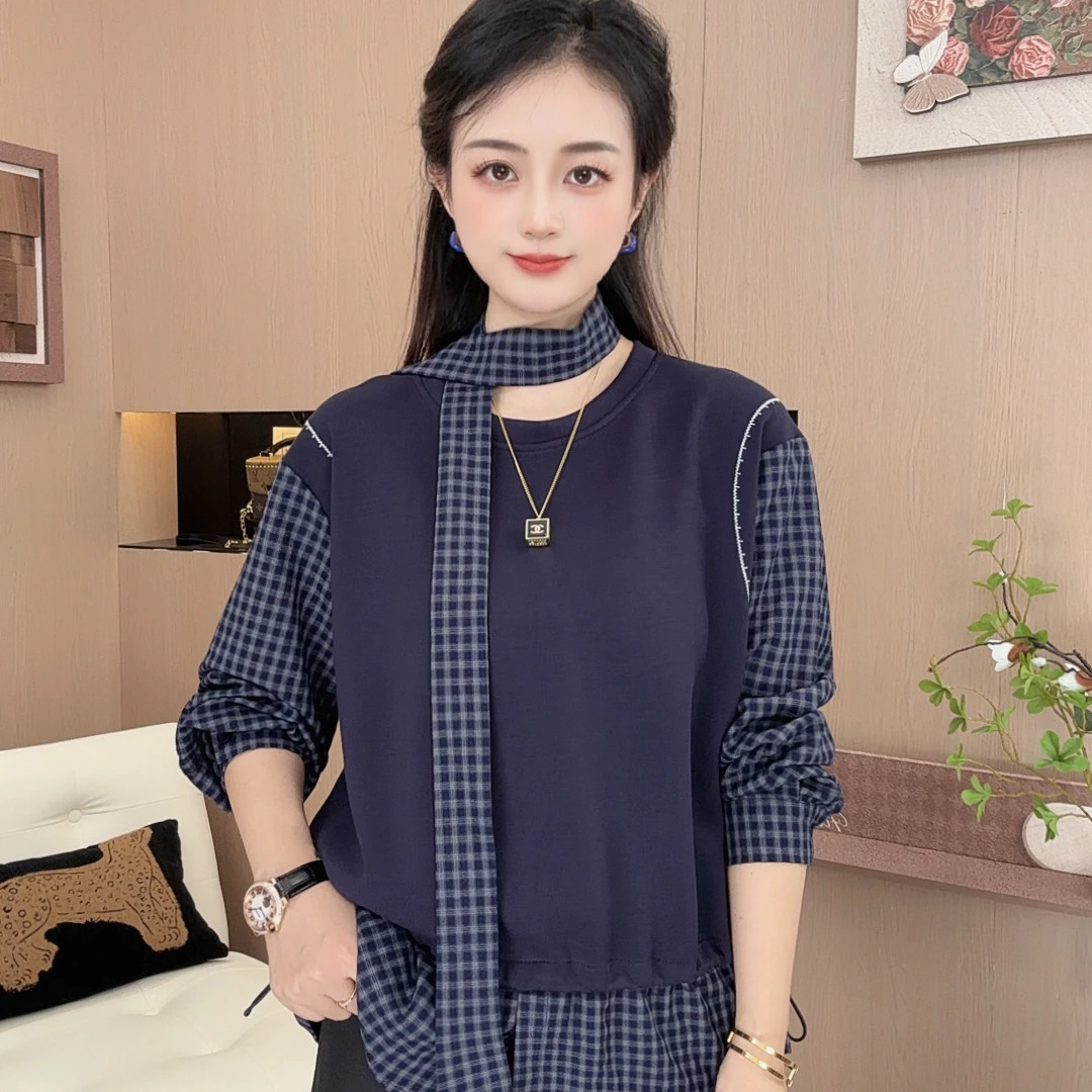 秋季时尚慵懒显瘦设计感假两件条纹拼接长袖衬衫宽松显瘦上衣1819