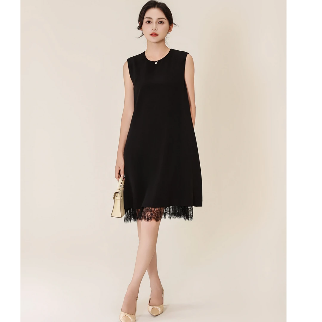 Y U Y I醋酸法式赫本风黑色连衣裙女高级感2025新款A字显瘦无袖裙