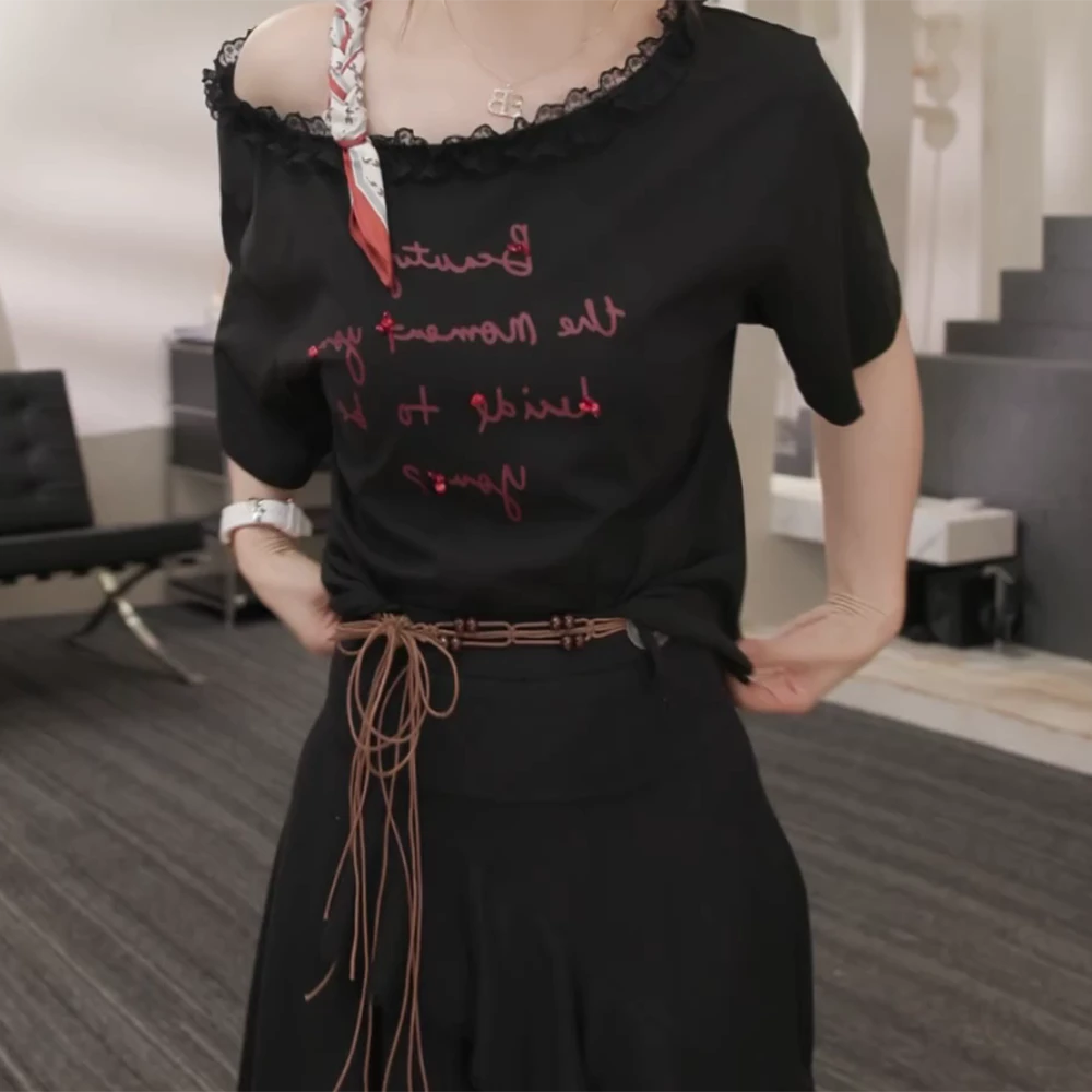 【素雅蕾丝】2025夏季新款时尚休闲气质T恤上衣百搭设计感上衣T恤