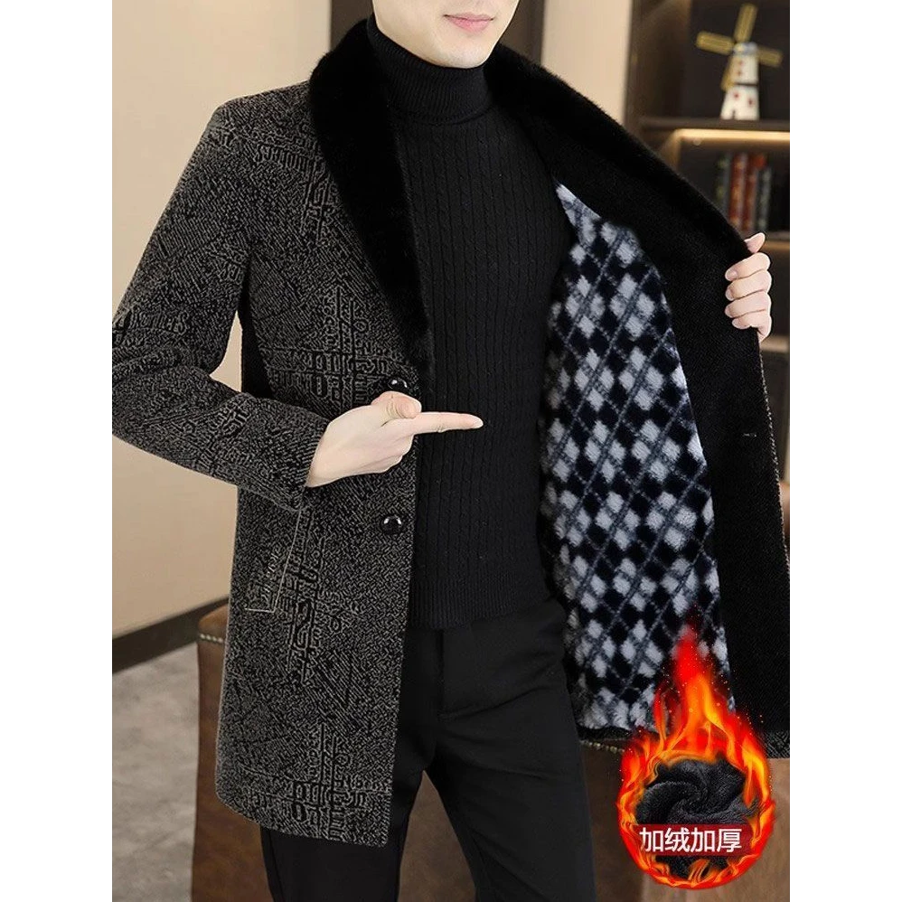 冬季新款男士加绒加厚夹克休闲毛领中长款修身毛呢大衣外套