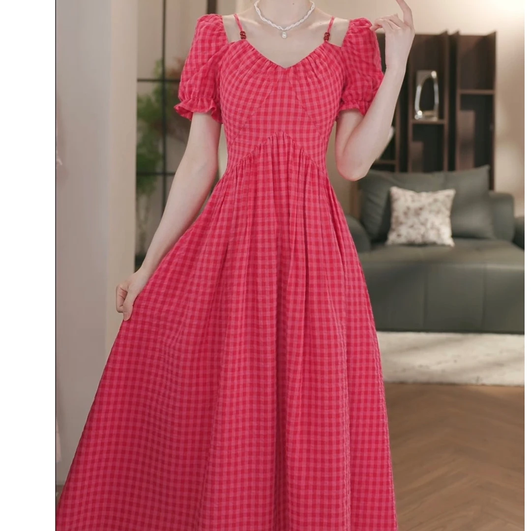 晓西-【几何恋歌】新款浪漫收腰气质格子粉色连衣裙女-B6178K